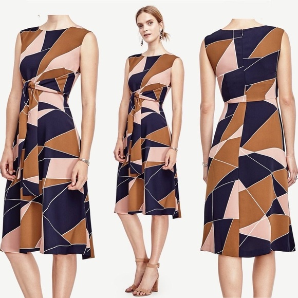 Ann Taylor Geometric Aline Dress Navy Pink Mustard Waist Tie Modern Modest 10 - Picture 1 of 9